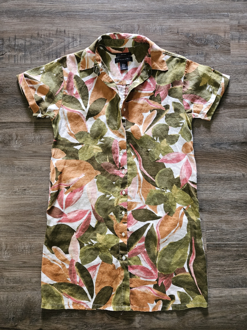 Tahari Tropical Floral Print 100% Linen Button Down Dress‎
